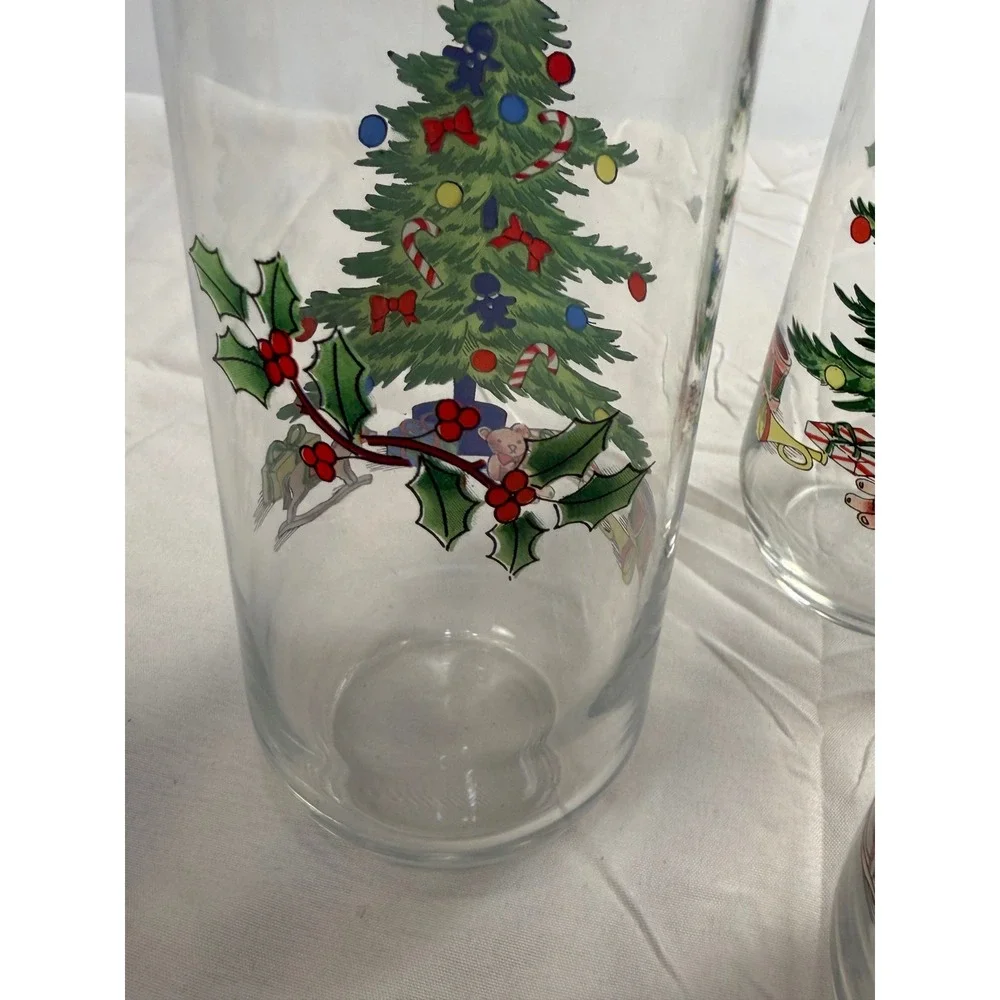 Vintage Christmas Tree Highball Glasses Set of 3 Holiday Holly Berry Tumblers